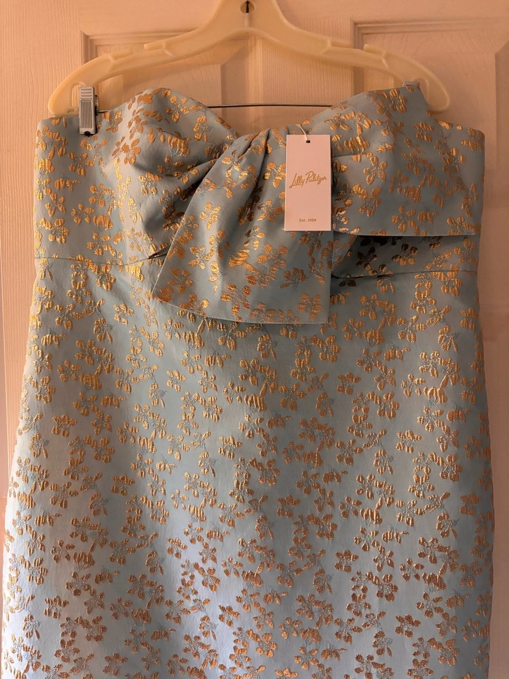 Lilly Pulitzer Strapless Light Blue and Gold Jacquard Gown - Picture 4 of 5